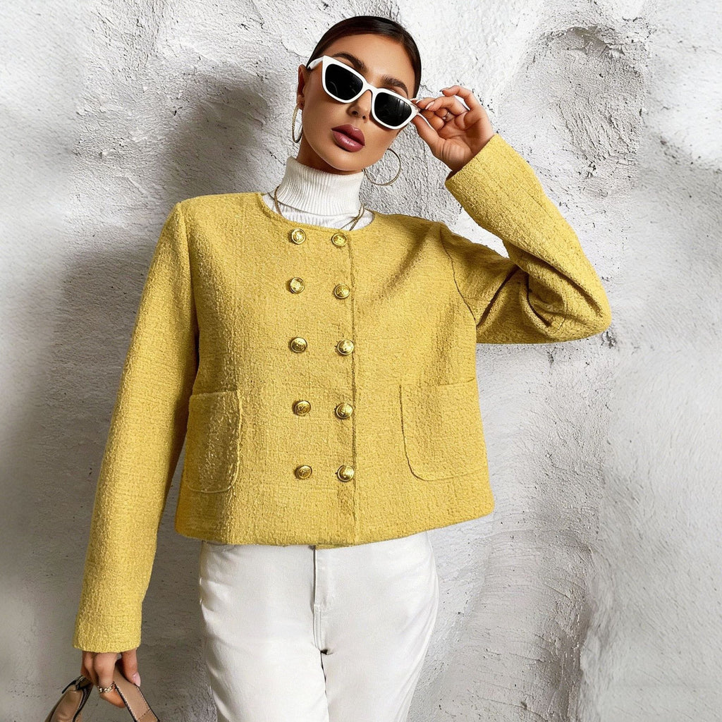 Manteau Femme Structuré à Boutons Dorés – Jaune Moutarde