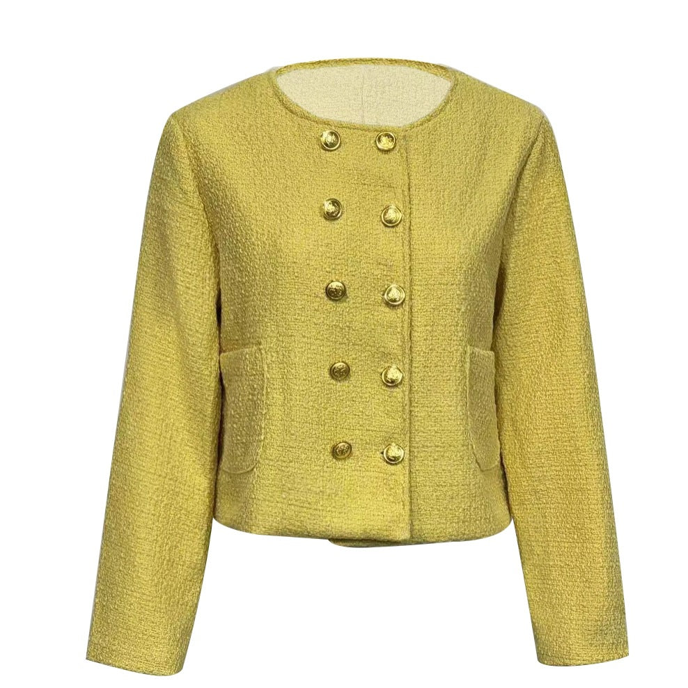 Manteau Femme Structuré à Boutons Dorés – Jaune Moutarde