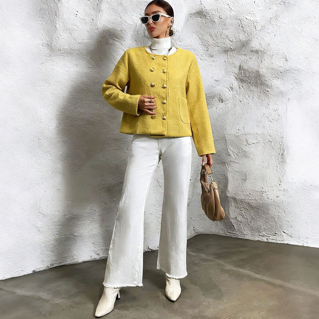 Manteau Femme Structuré à Boutons Dorés – Jaune Moutarde